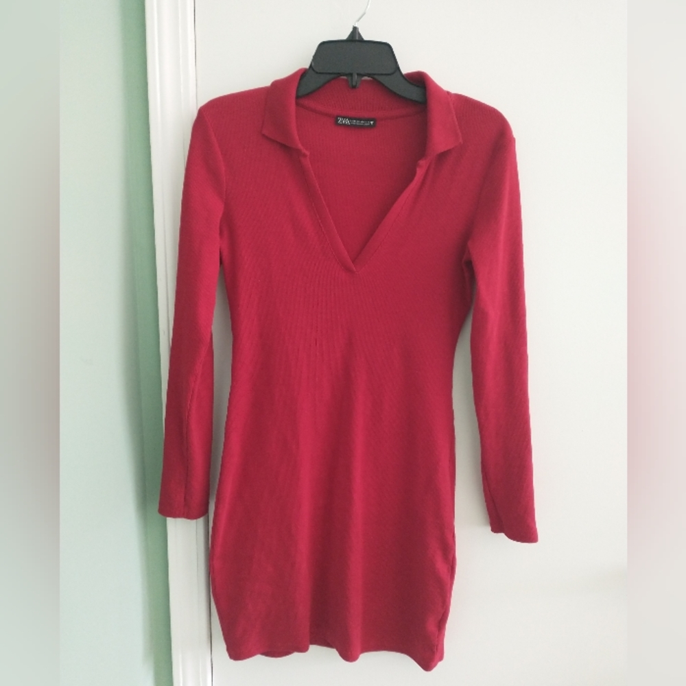 Women's red long sleeve midi Zara ribbed bodycon dress - Picture 7 of 9